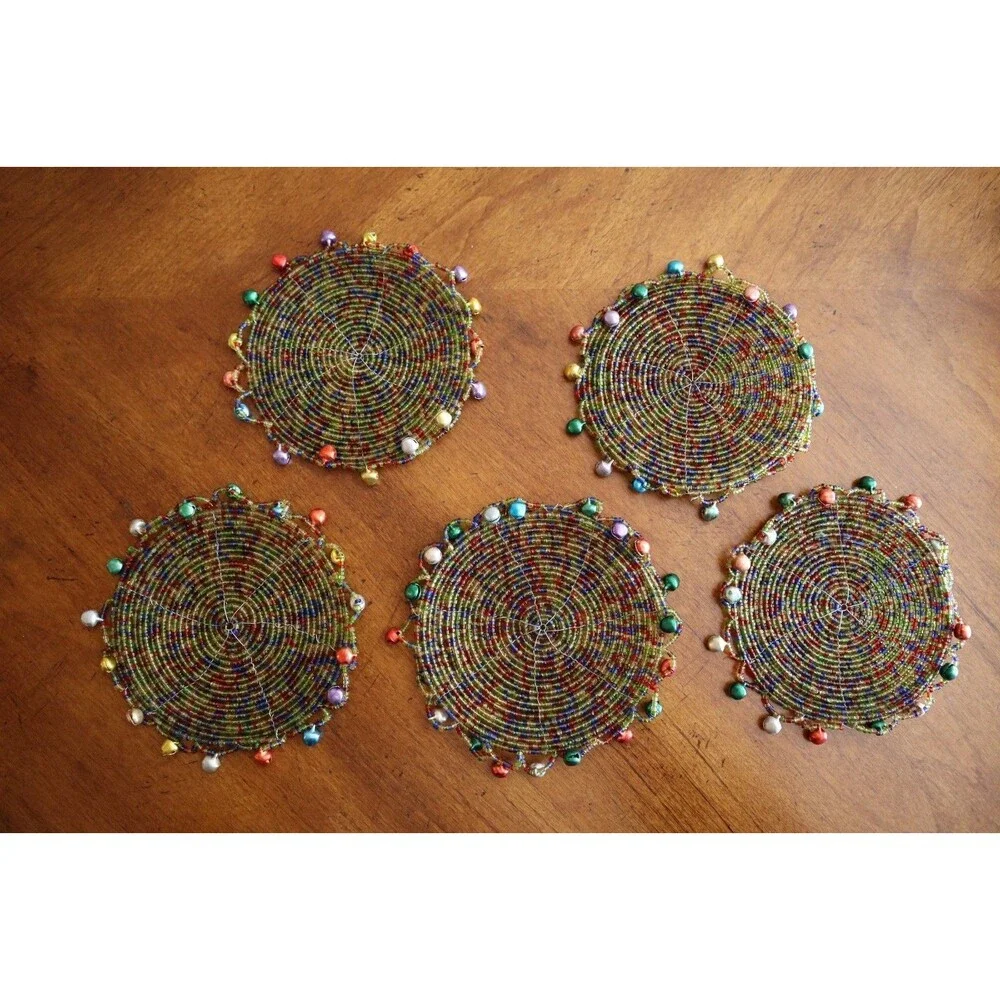 Lot 5x Pier 1 Imports Pier One Festive Beaded 4” Jingle Coasters Bells Christmas